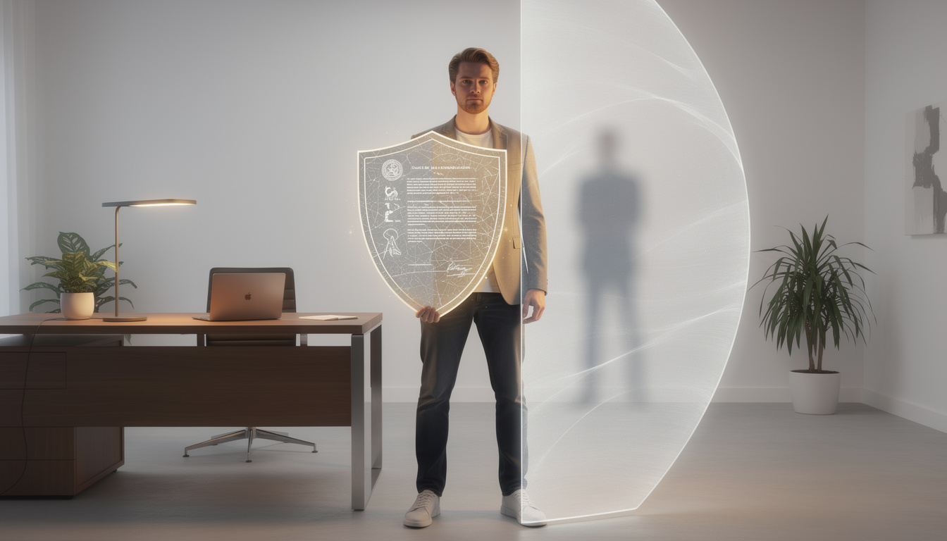 Человек уверенно держит щит из юридического документа, защищаясь от неясной фигуры коллектора в офисе.