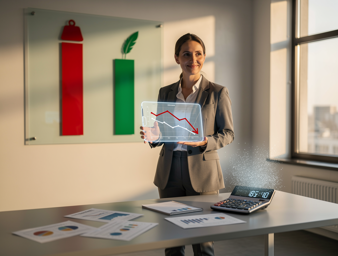 Человек в офисе с планшетом, показывающим снижение долга, на фоне доски с визуализацией уменьшения переплаты по кредиту.