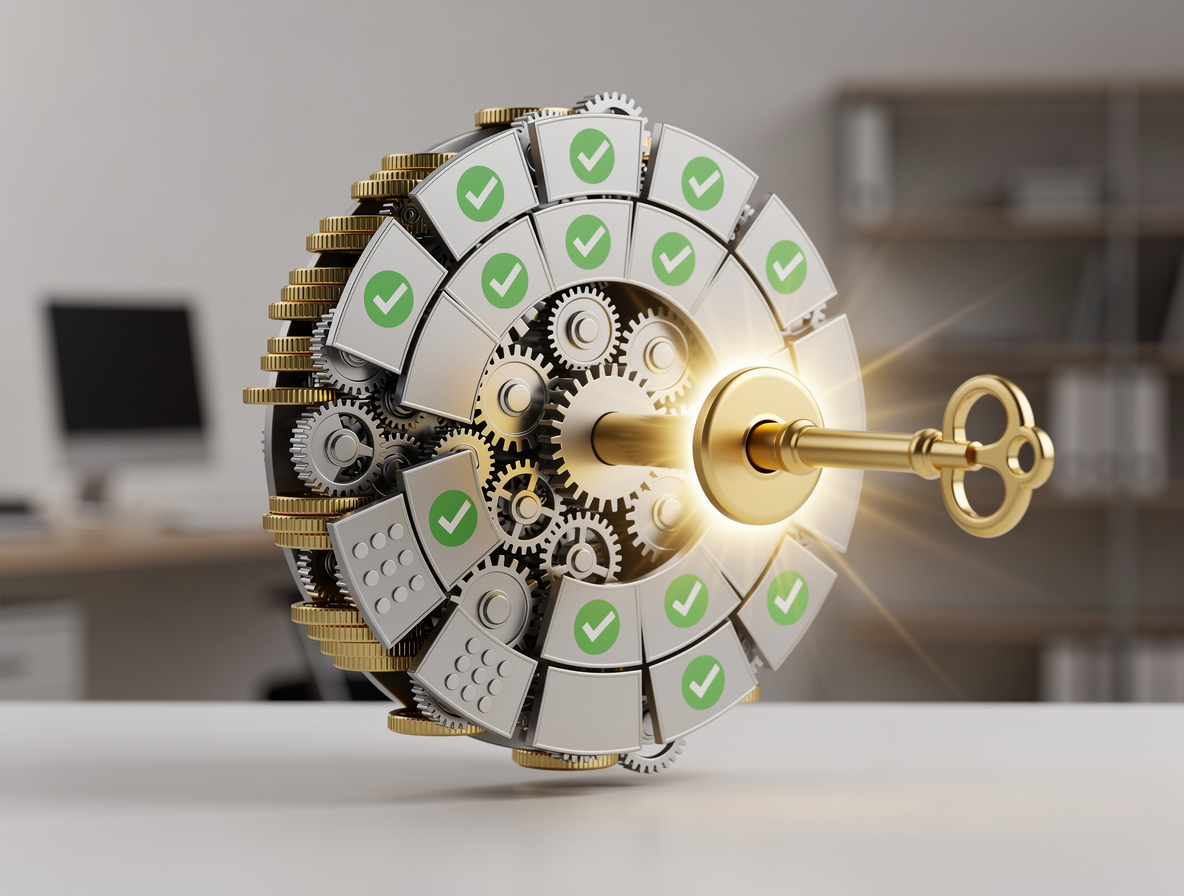 Ключ, вставляемый в календарь из шестерёнок и монет, символизирующий оптимальные моменты для досрочных платежей.