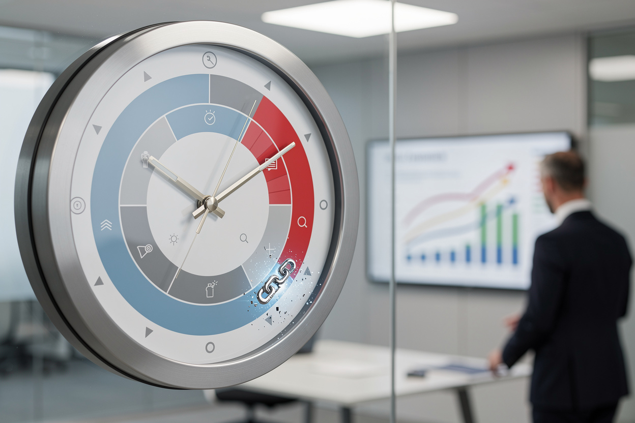 Часы с нарушенным графиком платежей в банковском офисе, символизирующие просрочку по займу.