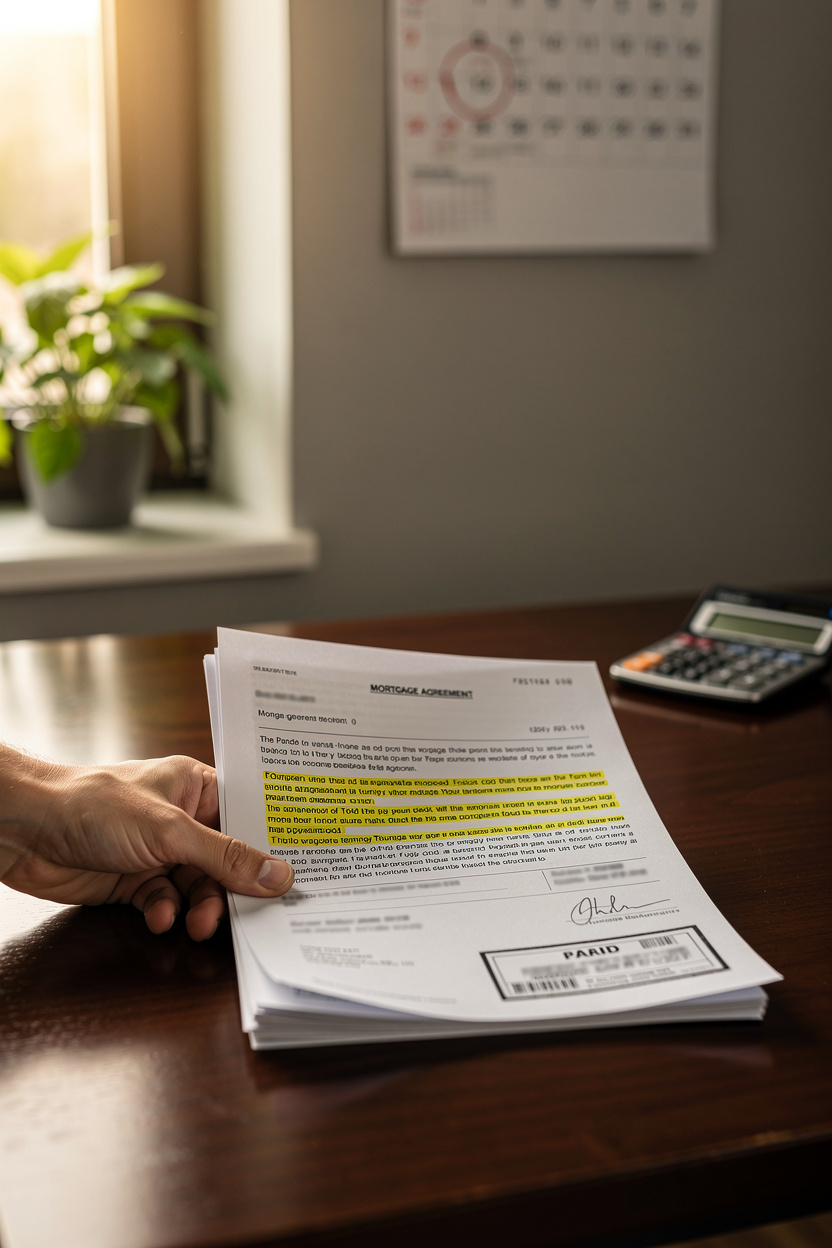 Рука держит документы и чек на фоне домашнего офиса, символизируя процесс досрочного погашения долга.