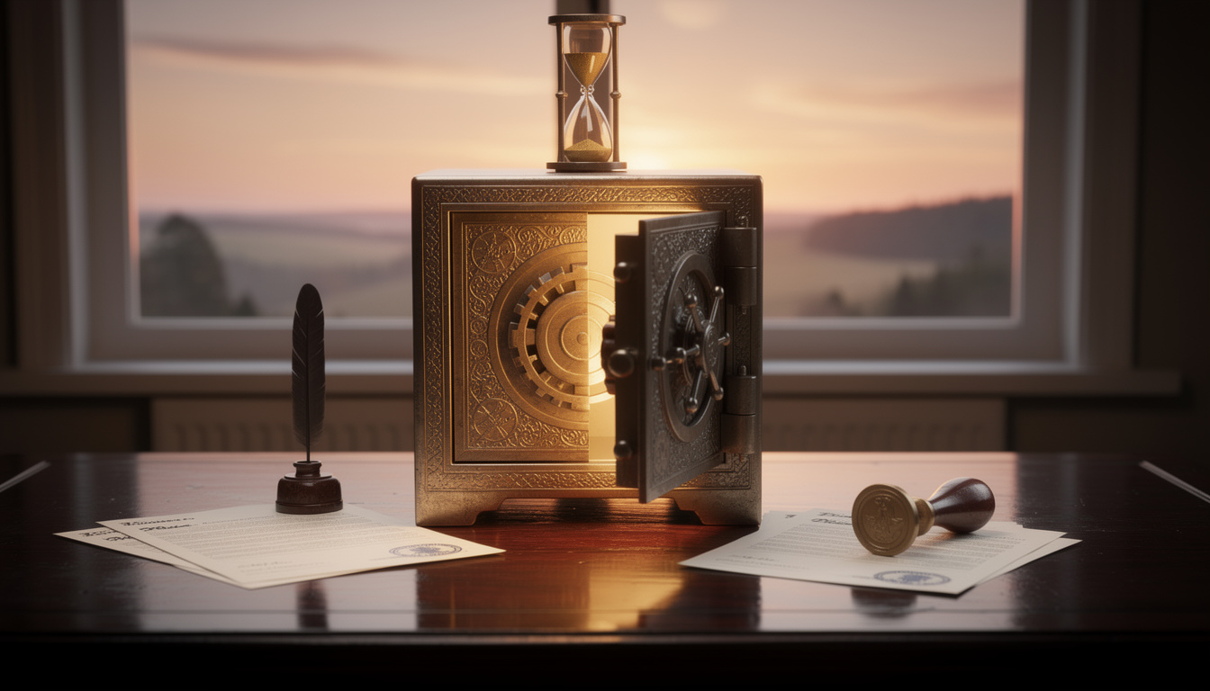 Античный сейф с открывающейся дверцей и светом внутри, на нём песочные часы, символизирующие паузу в платежах, на столе с документами, фон — рассвет.