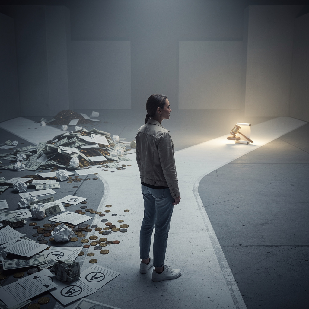 Человек на перепутье, выбирающий между хаосом долгов и путем к финансовому оздоровлению.