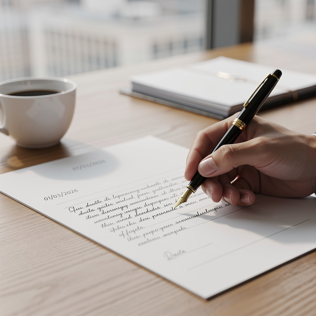 Рука пишет долговую расписку на бумаге в офисе