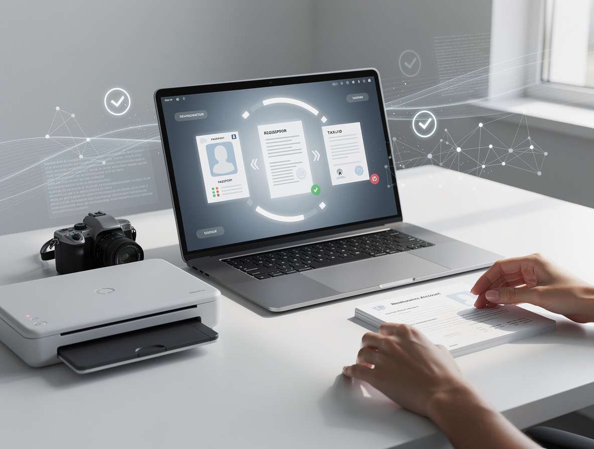 Руки человека подготавливают документы для онлайн-заявки на чистом столе с ноутбуком и оборудованием для сканирования.