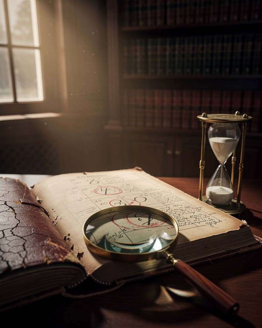 Старая книга о сроке исковой давности на столе в кабинете юриста с символами времени и дедлайнов.