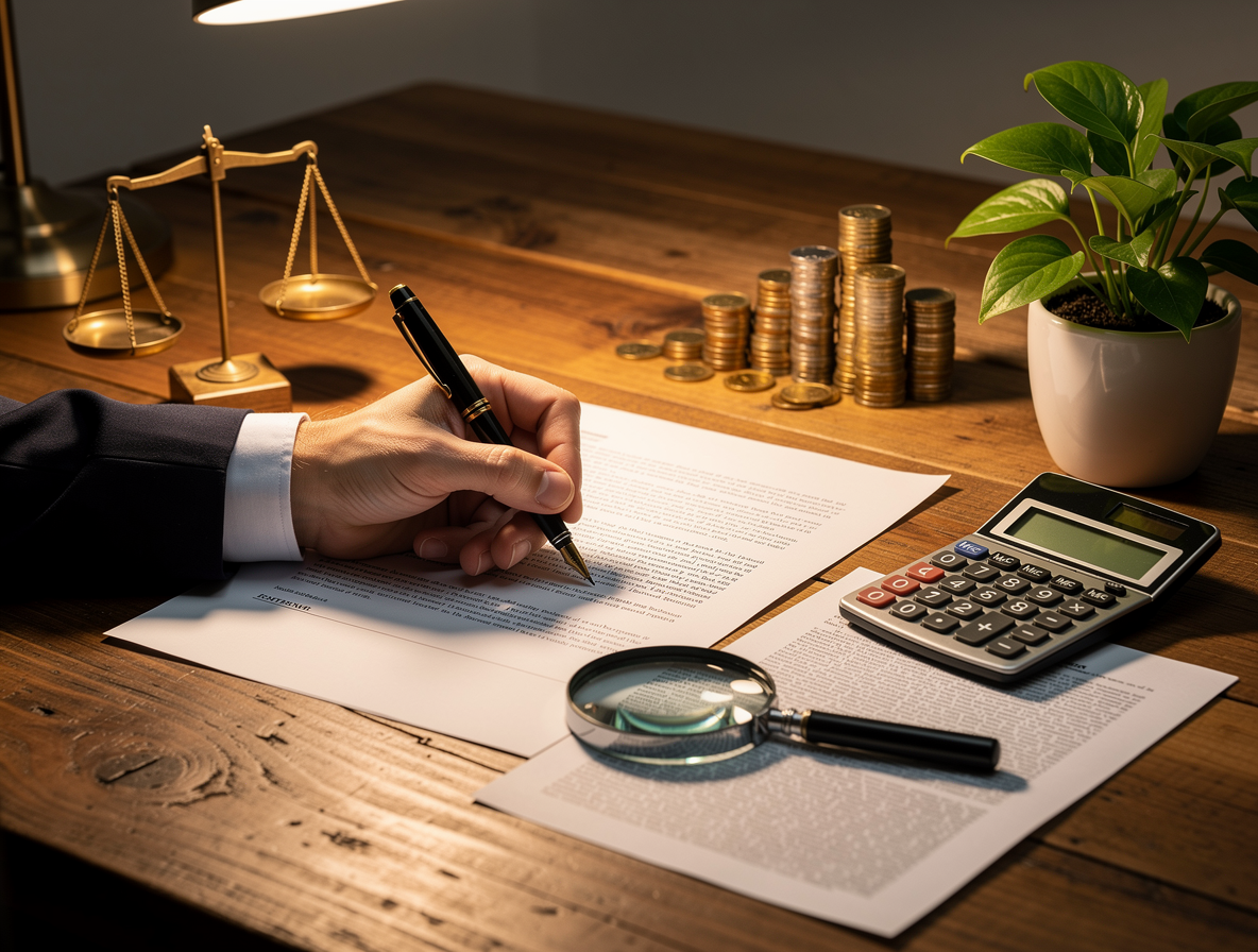Рука подписывает документ на столе с символами юриспруденции и финансов