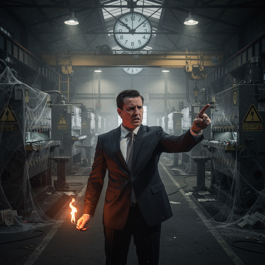 Бизнесмен на распутье в заводском цеху, символизирующий выбор между опасными и безопасными решениями во время долгового кризиса.