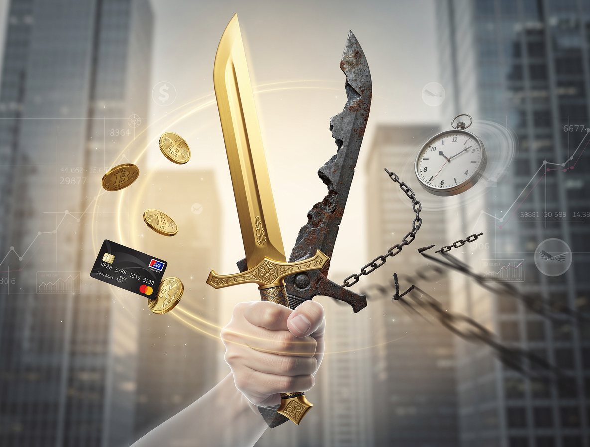 Концептуальное изображение обоюдоострого меча, символизирующего преимущества и недостатки беспроцентных займов на карту.