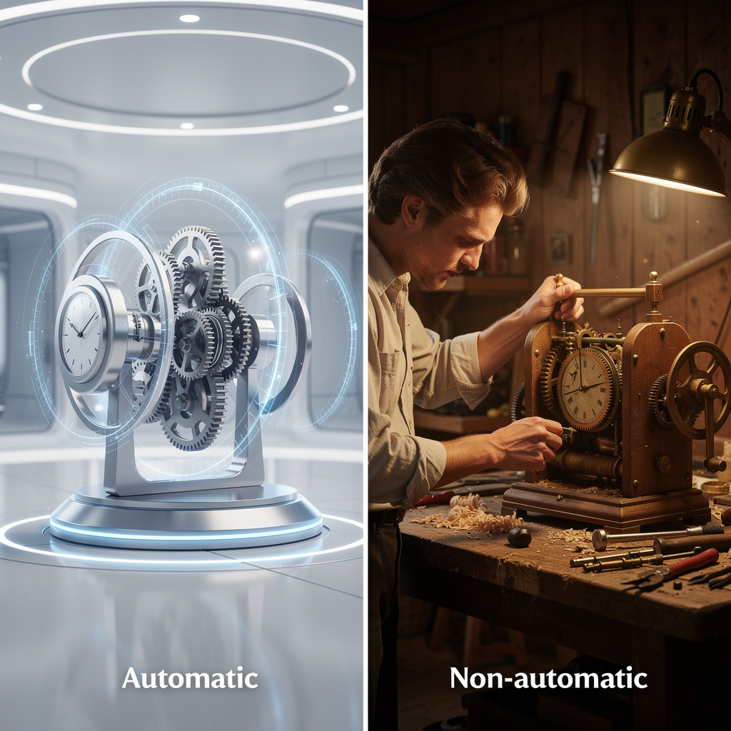 Концептуальное изображение, показывающее автоматическую и неавтоматическую пролонгацию через механизмы и ручной труд в разделённых средах.