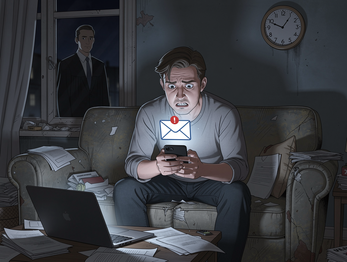 Человек в беспокойном состоянии дома, получающий уведомление о суде от МФО.