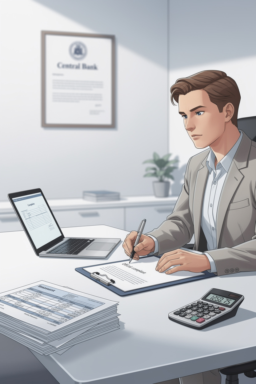 Человек в офисе аккуратно составляет жалобу на МФО, подчёркивая важность точности и фактов.