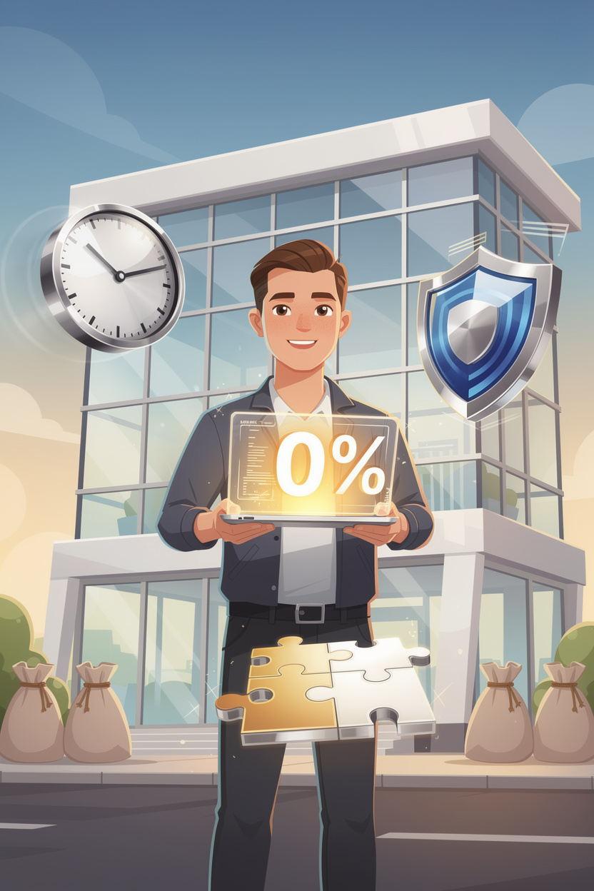 Новый клиент с планшетом, показывающим нулевую процентную ставку, перед современным банком с символами преимуществ займа.