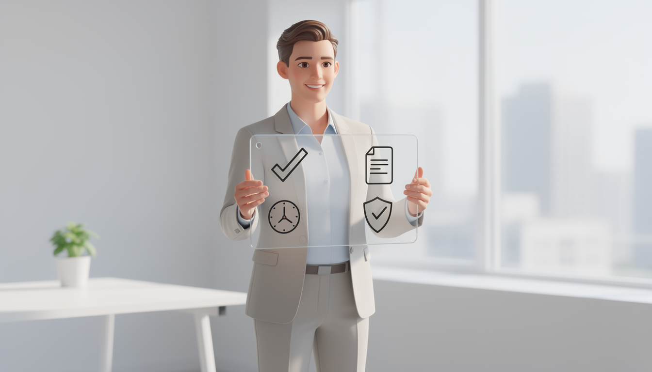 Человек с чек-листом условий для беспроцентного микрозайма в современном офисе