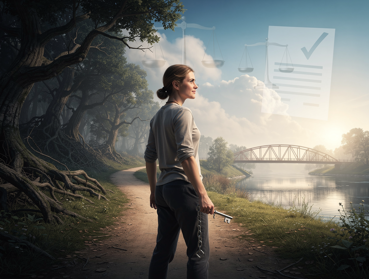 Человек на распутье с символами долга и законного списания микрозаймов