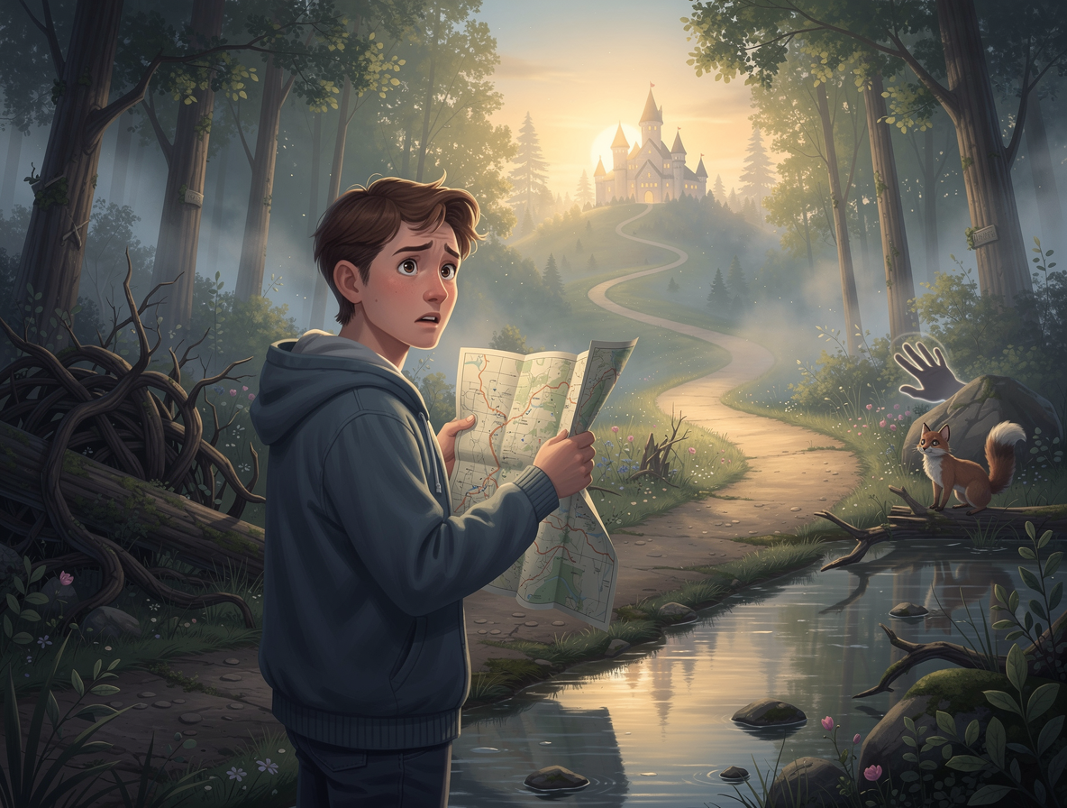 Человек на перепутье в туманном лесу с картой, символизирующий поиск решения при финансовых трудностях.