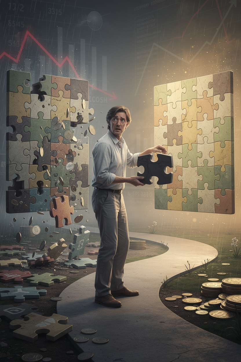 Символическое изображение реструктуризации долга: человек на перепутье, заменяет тяжелую часть старого долга на легкую в упорядоченной финансовой головоломке, показывая переход от хаоса к стабильности.