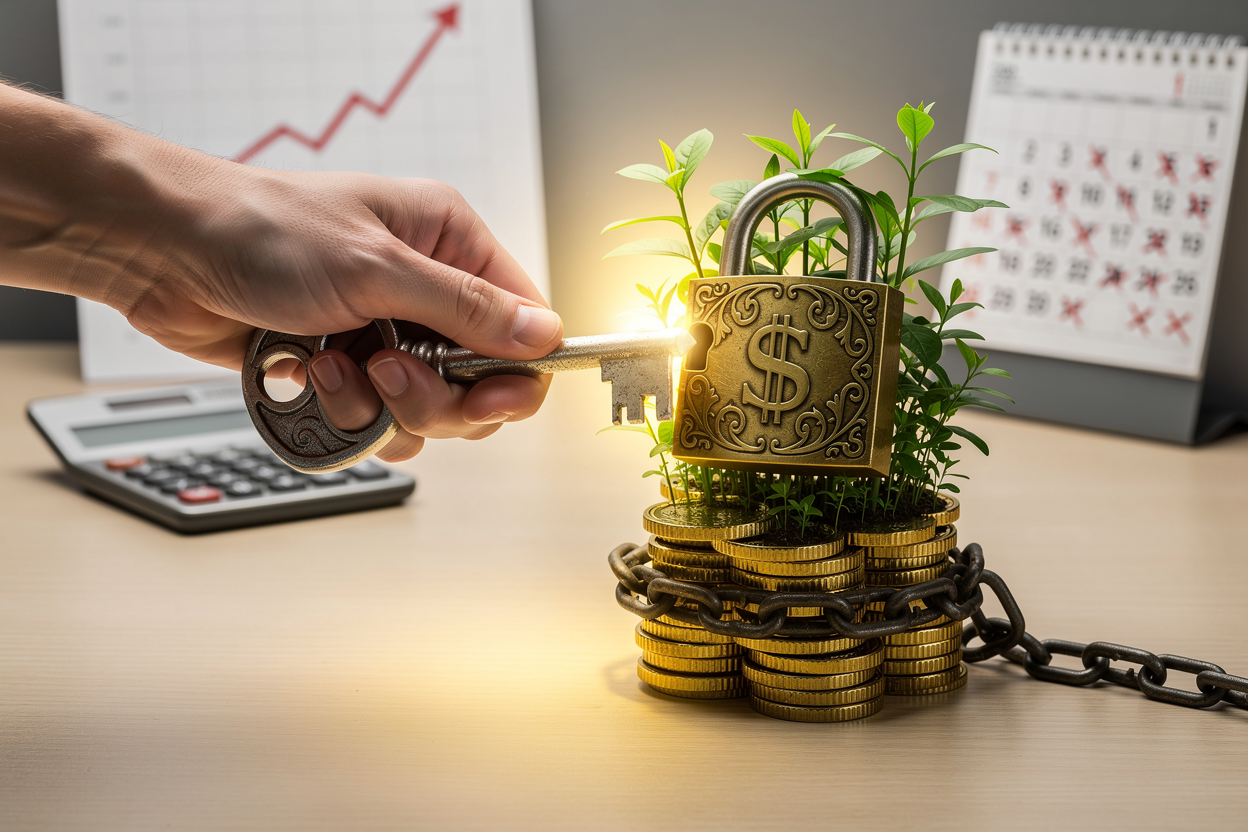 Рука держит ключ, готовый открыть замок на цепочке с монетами, превращающимися в листья, на фоне офисного стола с калькулятором и графиком.