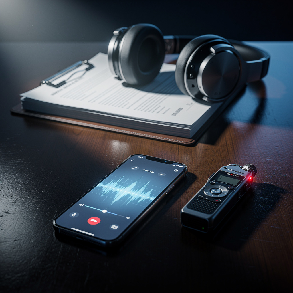 Смартфон и диктофон для записи разговоров на столе с юридической папкой, символизирующие защиту при общении с коллекторами