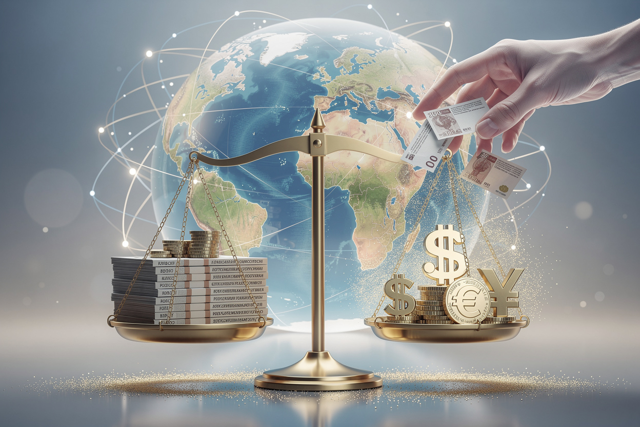 Символическое изображение прощения долгов между российскими и иностранными организациями через весы справедливости и растворяющиеся контракты.