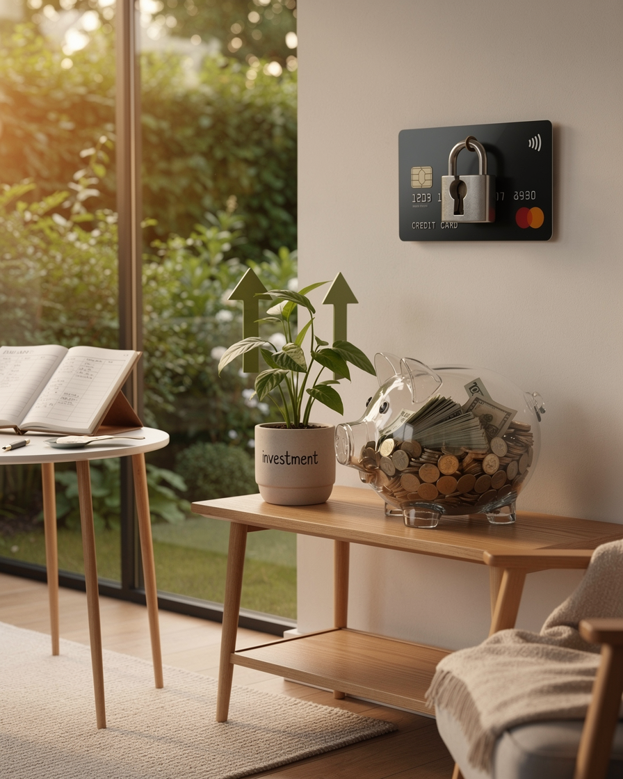 Уютный интерьер с прозрачной копилкой и символами финансовой стабильности.