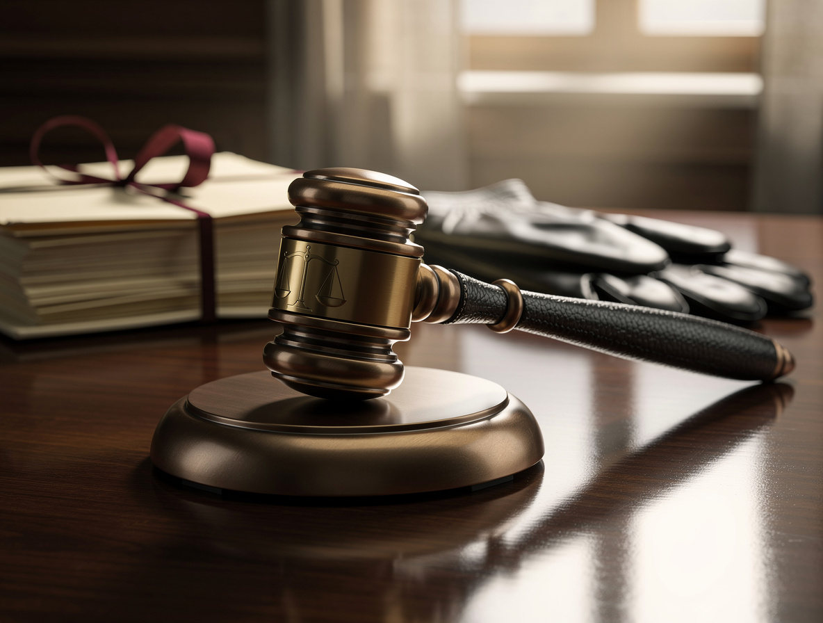 Бронзовый судейский молоток на деревянной поверхности в зале суда, символизирующий правовые основания действий судебных приставов.